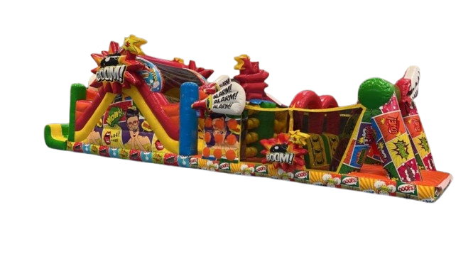 Vente château gonflable parcours d'obstacles bande dessinée