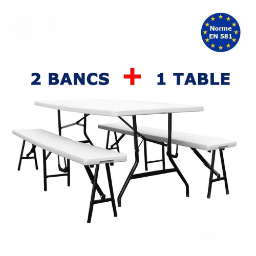 Set une table + 2 bancs 183cm 3 pièces en BLANC